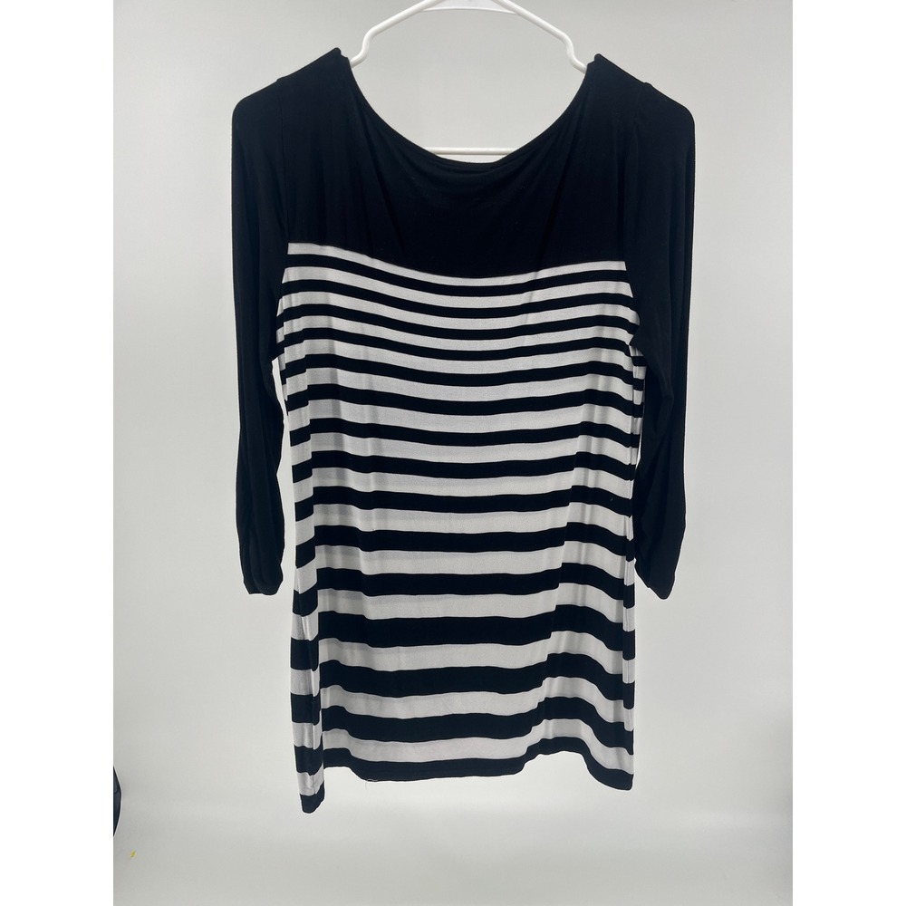 White House Black Market Striped 3/4 Sleeve Tunic Top Black White Medium - Picture 2 of 8